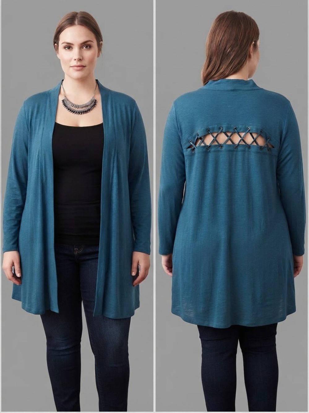 PENNINGTONS Teal Open Cardigan Jacket Lace-up Detail Back 4X